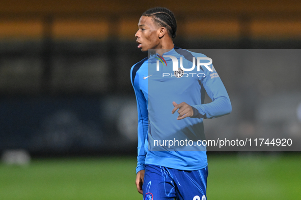 Ishe Samuels Smith (62 Chelsea) warms up during the EFL Trophy match between Cambridge United and Chelsea Under 21s at the Cledara Abbey Sta...