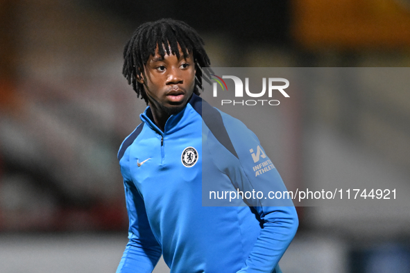 Reiss Russell Denny (61 Chelsea) warms up during the EFL Trophy match between Cambridge United and Chelsea Under 21s at the Cledara Abbey St...