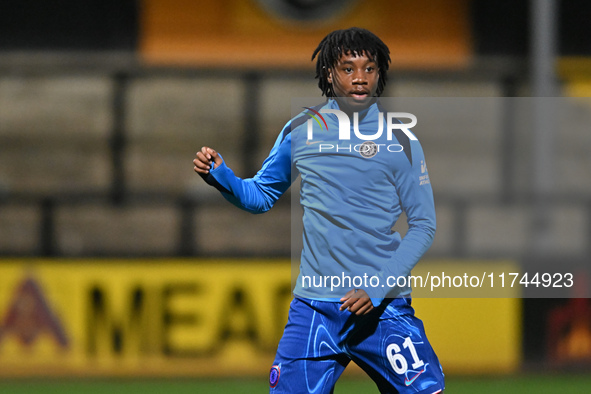 Reiss Russell Denny (61 Chelsea) warms up during the EFL Trophy match between Cambridge United and Chelsea Under 21s at the Cledara Abbey St...