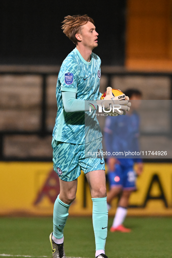 Goalkeeper Lucas Bergstrom (47 Chelsea) is in action during the EFL Trophy match between Cambridge United and Chelsea Under 21s at the Cleda...