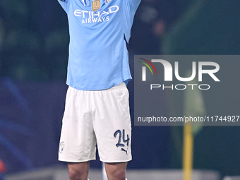 Josko Gvardiol of Manchester City reacts after Viktor Gyokeres of Sporting CP scores his team's fourth goal during the UEFA Champions League...