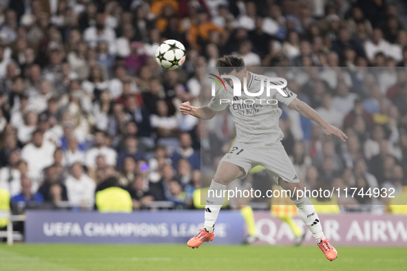 Brahim Diaz of Real Madrid is in action during the UEFA Champions League 2024/25 match between Real Madrid and AC Milan at Santiago Bernabeu...