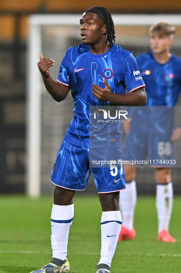 Donnell McNeilly (57 Chelsea) gestures during the EFL Trophy match between Cambridge United and Chelsea Under 21s at the Cledara Abbey Stadi...