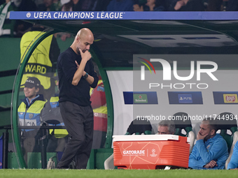 Pep Guardiola, Head Coach of Manchester City, reacts after Viktor Gyokeres of Sporting CP (not in frame) scores his team's fourth goal durin...