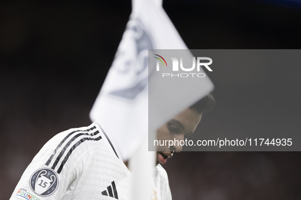 Rodrygo Goes of Real Madrid participates in the UEFA Champions League 2024/25 match between Real Madrid and AC Milan at Santiago Bernabeu St...