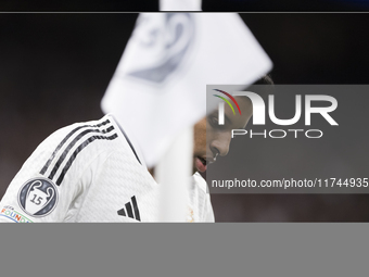 Rodrygo Goes of Real Madrid participates in the UEFA Champions League 2024/25 match between Real Madrid and AC Milan at Santiago Bernabeu St...