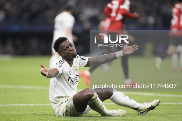 In Madrid, Spain, on November 5, Vinicius Jr of Real Madrid reacts to a missed opportunity during the UEFA Champions League 2024/25 match be...