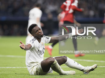 In Madrid, Spain, on November 5, Vinicius Jr of Real Madrid reacts to a missed opportunity during the UEFA Champions League 2024/25 match be...