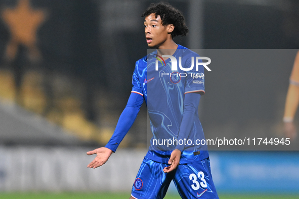 Kiano Dyer (33 Chelsea) gestures during the EFL Trophy match between Cambridge United and Chelsea Under 21s at the Cledara Abbey Stadium in...