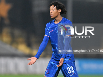 Kiano Dyer (33 Chelsea) gestures during the EFL Trophy match between Cambridge United and Chelsea Under 21s at the Cledara Abbey Stadium in...