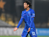 Kiano Dyer (33 Chelsea) gestures during the EFL Trophy match between Cambridge United and Chelsea Under 21s at the Cledara Abbey Stadium in...