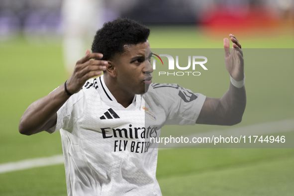 Rodrygo Goes of Real Madrid reacts to a missed opportunity during the UEFA Champions League 2024/25 match between Real Madrid and AC Milan a...