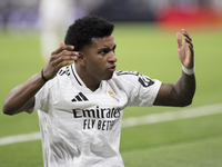 Rodrygo Goes of Real Madrid reacts to a missed opportunity during the UEFA Champions League 2024/25 match between Real Madrid and AC Milan a...