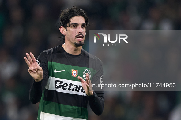 Francisco Trincao of Sporting CP reacts during the UEFA Champions League match between Sporting CP and Manchester City at Jose Alvalade Stad...