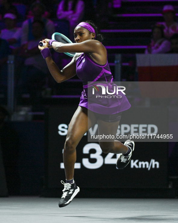 RIYADH, SAUDI ARABIA - NOVEMBER 05: Coco Gauff of USA during her match against Iga Swiatek of Poland, on day 4 of the 2024 WTA Finals, part...