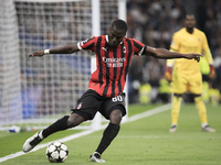 Yunus Musah of AC Milan is in action during the UEFA Champions League 2024/25 match between Real Madrid and AC Milan at Santiago Bernabeu St...