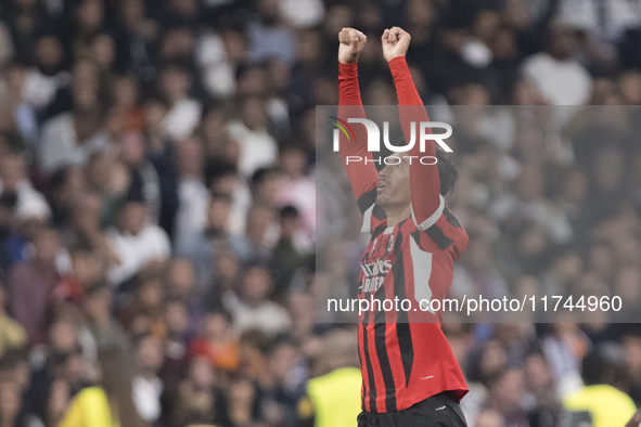 Tijjani Reijnders of AC Milan celebrates a goal during the UEFA Champions League 2024/25 match between Real Madrid and AC Milan at Santiago...