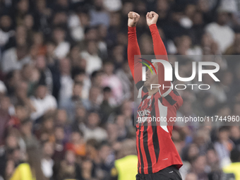 Tijjani Reijnders of AC Milan celebrates a goal during the UEFA Champions League 2024/25 match between Real Madrid and AC Milan at Santiago...