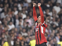 Tijjani Reijnders of AC Milan celebrates a goal during the UEFA Champions League 2024/25 match between Real Madrid and AC Milan at Santiago...