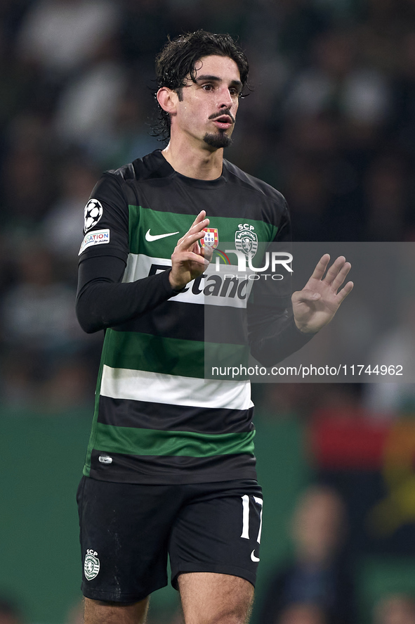 Francisco Trincao of Sporting CP reacts during the UEFA Champions League match between Sporting CP and Manchester City at Jose Alvalade Stad...