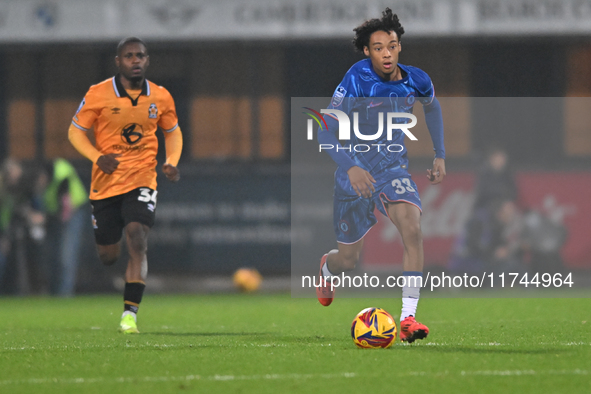 Kiano Dyer (33 Chelsea) goes forward during the EFL Trophy match between Cambridge United and Chelsea Under 21s at the Cledara Abbey Stadium...