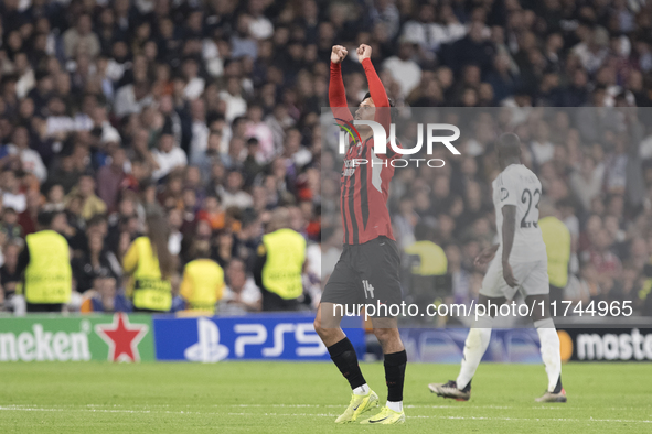 Tijjani Reijnders of AC Milan celebrates a goal during the UEFA Champions League 2024/25 match between Real Madrid and AC Milan at Santiago...