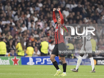 Tijjani Reijnders of AC Milan celebrates a goal during the UEFA Champions League 2024/25 match between Real Madrid and AC Milan at Santiago...