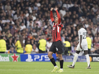 Tijjani Reijnders of AC Milan celebrates a goal during the UEFA Champions League 2024/25 match between Real Madrid and AC Milan at Santiago...