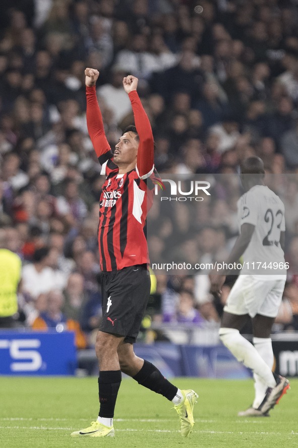 Tijjani Reijnders of AC Milan celebrates a goal during the UEFA Champions League 2024/25 match between Real Madrid and AC Milan at Santiago...