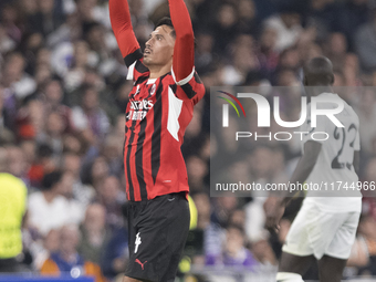 Tijjani Reijnders of AC Milan celebrates a goal during the UEFA Champions League 2024/25 match between Real Madrid and AC Milan at Santiago...