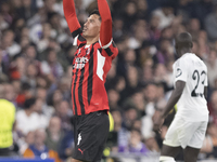 Tijjani Reijnders of AC Milan celebrates a goal during the UEFA Champions League 2024/25 match between Real Madrid and AC Milan at Santiago...