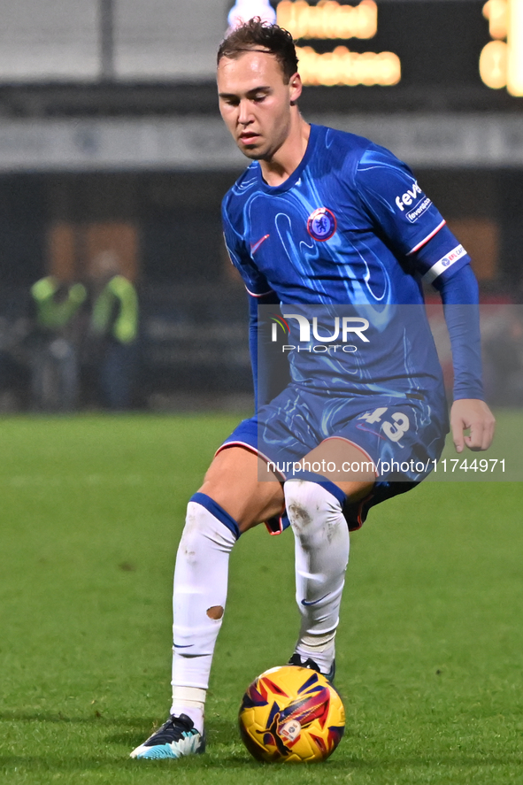 Harvey Vale (43 Chelsea) controls the ball during the EFL Trophy match between Cambridge United and Chelsea Under 21s at the Cledara Abbey S...