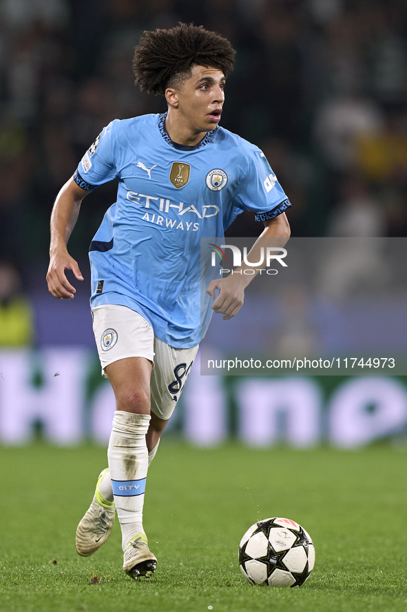 Rico Lewis of Manchester City is in action during the UEFA Champions League match between Sporting CP and Manchester City at Jose Alvalade S...