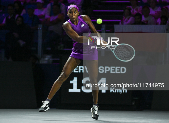 RIYADH, SAUDI ARABIA - NOVEMBER 05: Coco Gauff of USA during her match against Iga Swiatek of Poland, on day 4 of the 2024 WTA Finals, part...