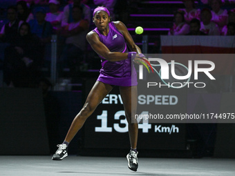 RIYADH, SAUDI ARABIA - NOVEMBER 05: Coco Gauff of USA during her match against Iga Swiatek of Poland, on day 4 of the 2024 WTA Finals, part...