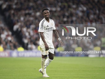 Vinicius Jr of Real Madrid reacts to a missed opportunity during the UEFA Champions League 2024/25 match between Real Madrid and AC Milan at...