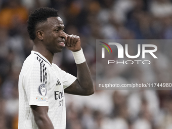 Vinicius Jr of Real Madrid makes the gesture of being crazy to the referee during the UEFA Champions League 2024/25 match between Real Madri...