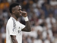 Vinicius Jr of Real Madrid makes the gesture of being crazy to the referee during the UEFA Champions League 2024/25 match between Real Madri...