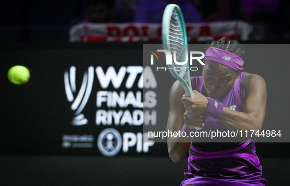 RIYADH, SAUDI ARABIA - NOVEMBER 05: Coco Gauff of USA during her match against Iga Swiatek of Poland, on day 4 of the 2024 WTA Finals, part...