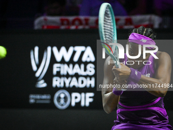 RIYADH, SAUDI ARABIA - NOVEMBER 05: Coco Gauff of USA during her match against Iga Swiatek of Poland, on day 4 of the 2024 WTA Finals, part...