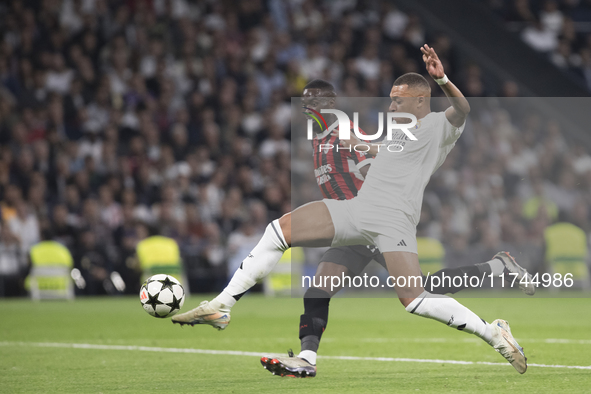 In Madrid, Spain, on November 5, Kylian Mbappe of Real Madrid attempts a shot during the UEFA Champions League 2024/25 match between Real Ma...