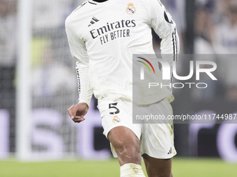 Jude Bellingham of Real Madrid is in action during the UEFA Champions League 2024/25 match between Real Madrid and AC Milan at Santiago Bern...