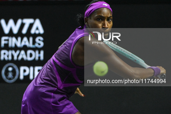 RIYADH, SAUDI ARABIA - NOVEMBER 05: Coco Gauff of USA during her match against Iga Swiatek of Poland, on day 4 of the 2024 WTA Finals, part...