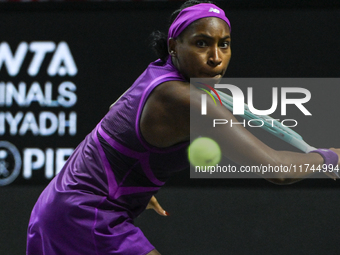 RIYADH, SAUDI ARABIA - NOVEMBER 05: Coco Gauff of USA during her match against Iga Swiatek of Poland, on day 4 of the 2024 WTA Finals, part...