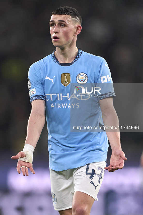 Phil Foden of Manchester City reacts during the UEFA Champions League match between Sporting CP and Manchester City at Jose Alvalade Stadium...