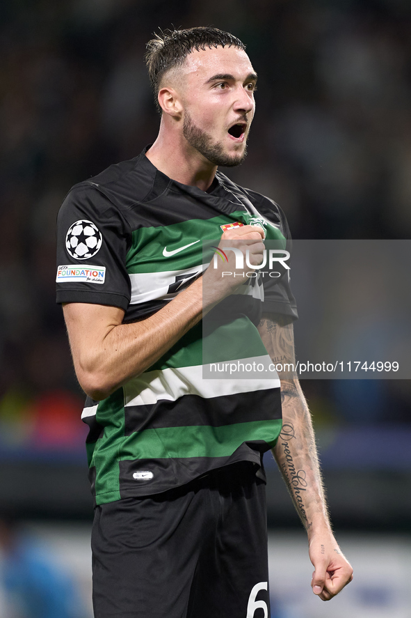 Zeno Debast of Sporting CP celebrates victory after the UEFA Champions League match between Sporting CP and Manchester City at Jose Alvalade...