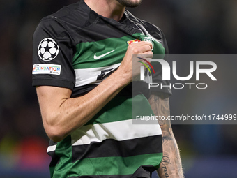 Zeno Debast of Sporting CP celebrates victory after the UEFA Champions League match between Sporting CP and Manchester City at Jose Alvalade...