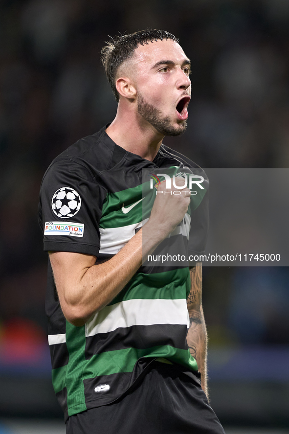 Zeno Debast of Sporting CP celebrates victory after the UEFA Champions League match between Sporting CP and Manchester City at Jose Alvalade...