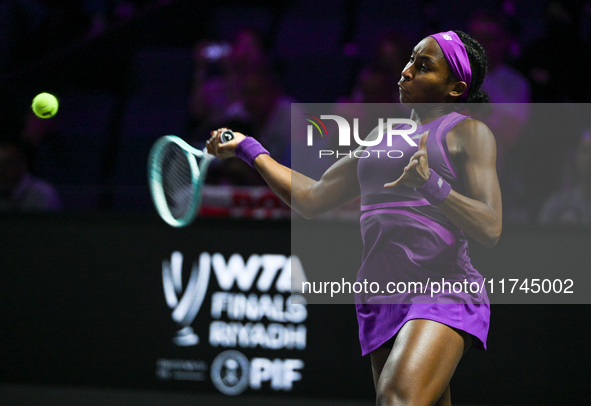 RIYADH, SAUDI ARABIA - NOVEMBER 05: Coco Gauff of USA during her match against Iga Swiatek of Poland, on day 4 of the 2024 WTA Finals, part...