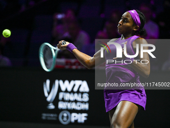 RIYADH, SAUDI ARABIA - NOVEMBER 05: Coco Gauff of USA during her match against Iga Swiatek of Poland, on day 4 of the 2024 WTA Finals, part...